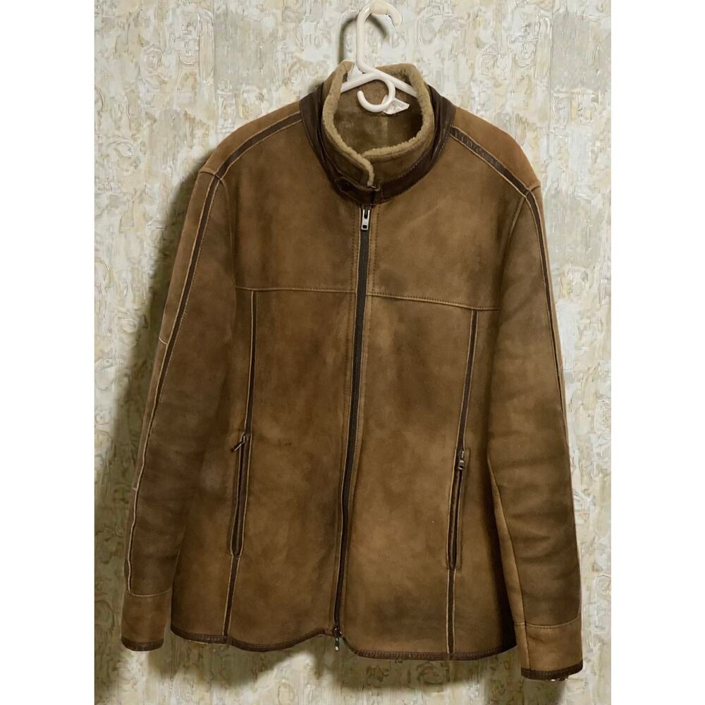 GIMO’S Mens Real Sherling Sheepskin Suede Jacket Brown Zip Flying Pilot sz XL